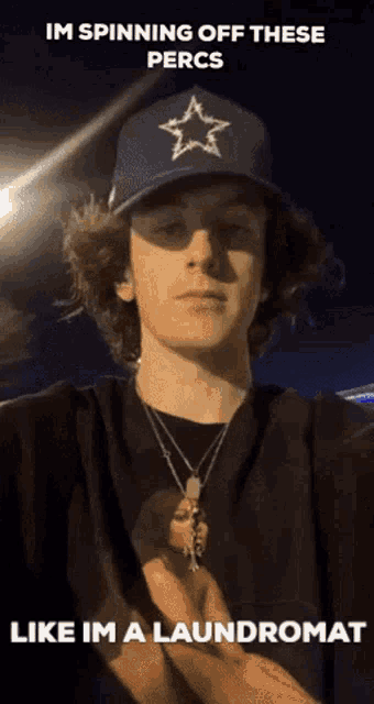 a young man wearing a hat with a star on it