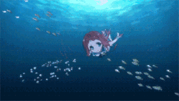 a girl with red hair is swimming in the ocean with fish