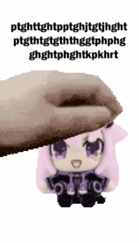 a pixel art of a hand holding a stuffed animal with purple hair and purple eyes .
