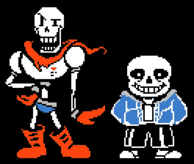 a pixel art drawing of papyrus and sans on a black background