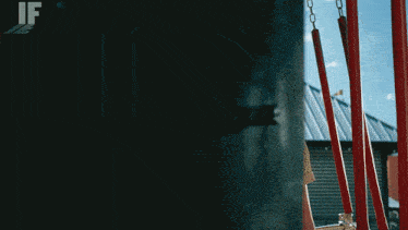 a person sitting on a swing with the word if written on the bottom