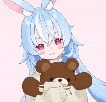 a girl with long blue hair is holding a teddy bear .