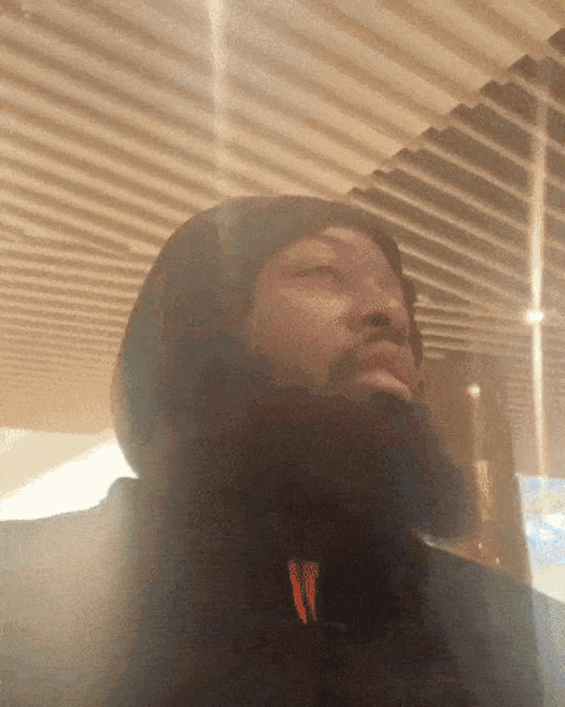 a man with a beard wearing a beanie and a black jacket