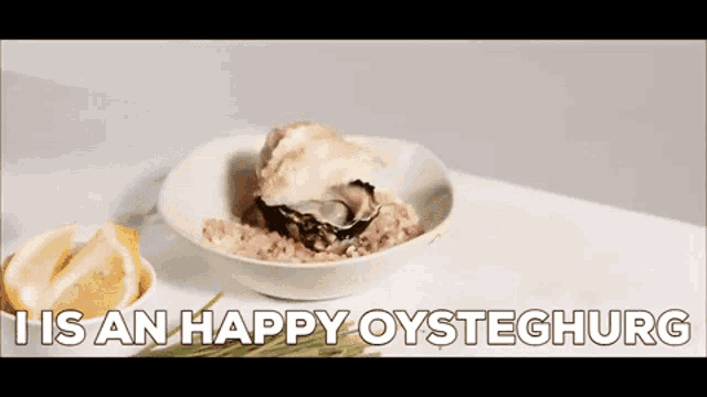 an oyster in a bowl with the words " it is an happy oysterhurg "