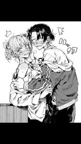 a black and white drawing of a boy and a girl hugging