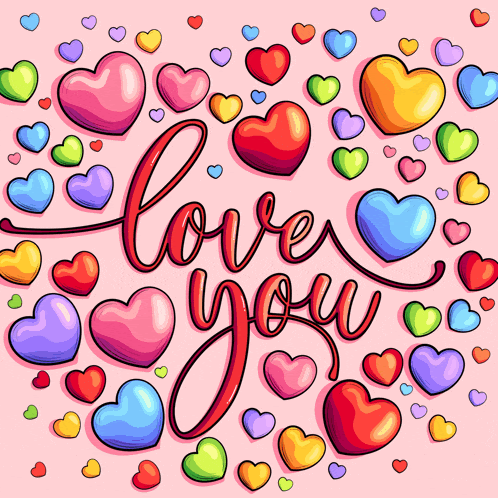 the word love is surrounded by colorful hearts
