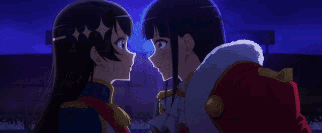a close up of a girl in a blue and gold uniform