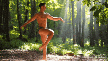 a man without a shirt is standing in the woods with the words hailuo ai in the bottom right corner