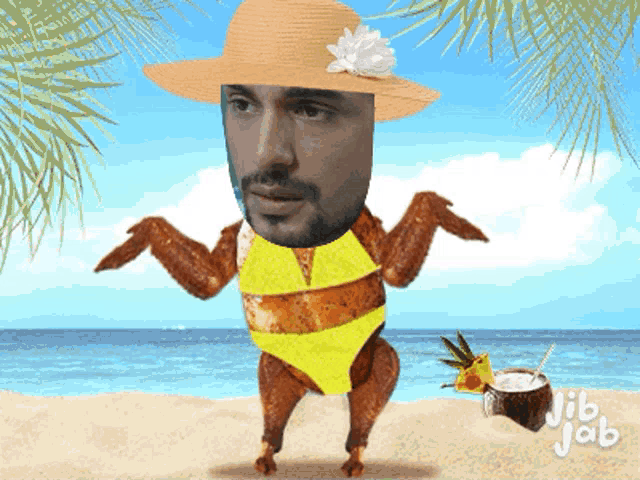 jib jab shows a man in a bikini and a hat on the beach