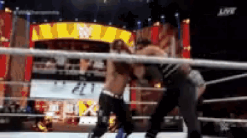 two men are fighting in a wrestling ring with the word live on the bottom left