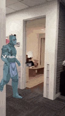 a cartoon character is walking through a hallway with the words viggle.ai on the bottom right