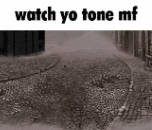 a black and white photo of a cobblestone street with the words `` watch yo tone mf '' written on it .
