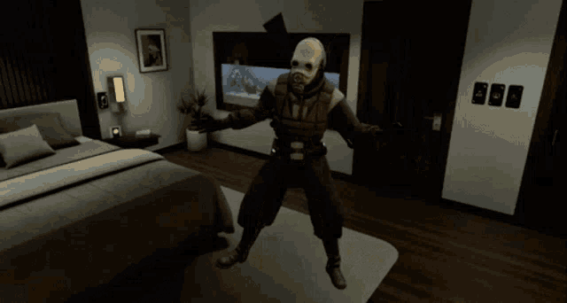 a man in a gas mask is standing in a bedroom with a bed