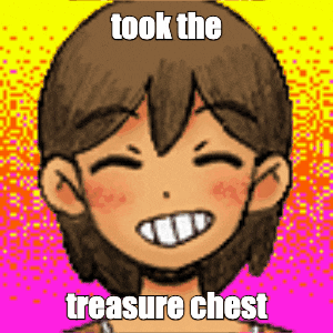 a cartoon character is smiling with the words took the treasure chest below it