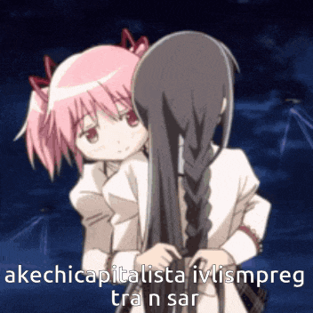 a couple of anime girls hugging each other with the words " akechicapitalista ivlismpreg transar " in the corner