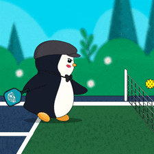 a penguin is holding a tennis racquet and hitting a tennis ball
