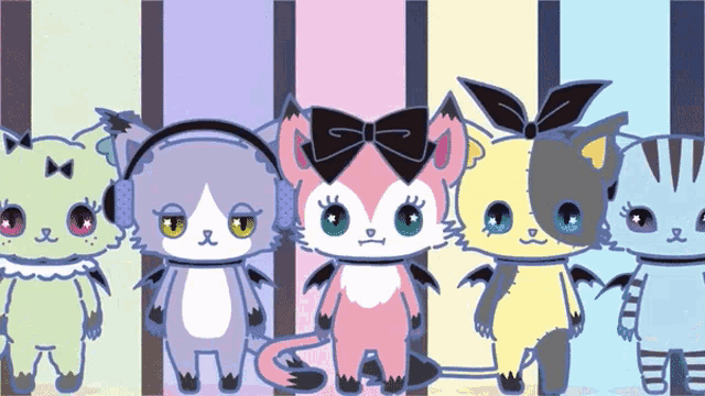 a group of cartoon cats standing next to each other on a striped background