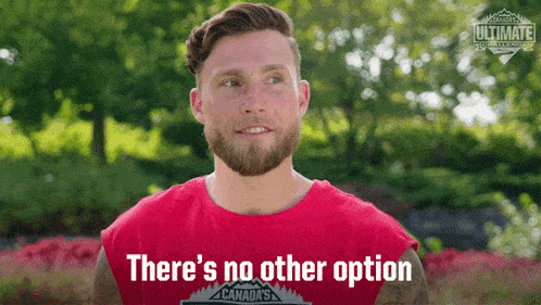a man with a beard wearing a red shirt that says there 's no other option on it