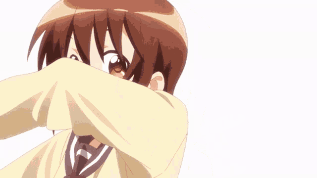 a girl with brown hair and yellow eyes is wearing a school uniform