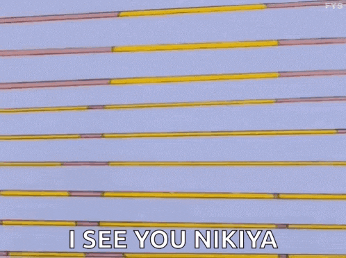 a cartoon character is peeking out from behind a fence and saying `` i see you nikiya '' .