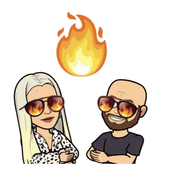 a cartoon of a man and a woman wearing sunglasses with a fireball in the background