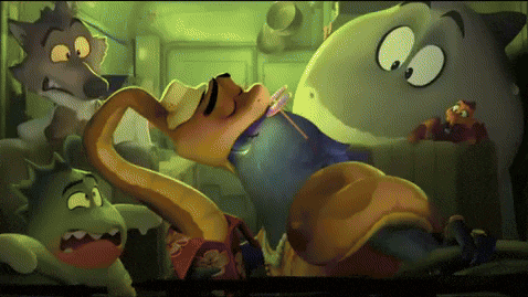 a group of cartoon characters including a shark and a snake