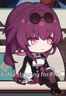 a girl with purple hair and sunglasses is sitting on a couch and says " kafka clapping for pie "