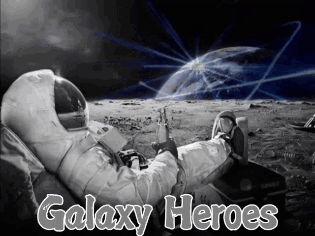 a black and white photo of an astronaut with the words galaxy heroes on the bottom