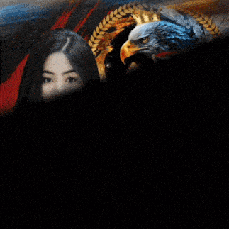 a woman is standing in front of an eagle with a crown on it .