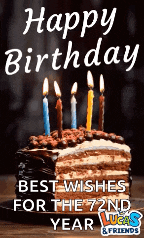 a birthday cake with lit candles and the words happy birthday best wishes for the 72nd year lucas & friends