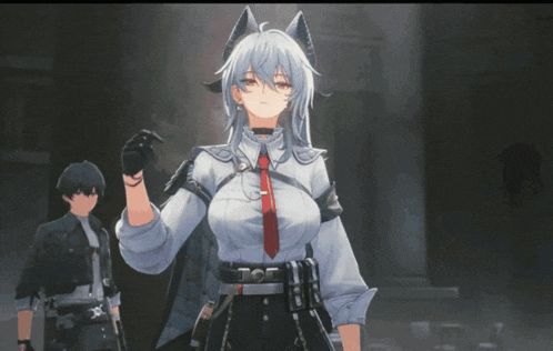 a girl with white hair and a red tie stands next to a boy