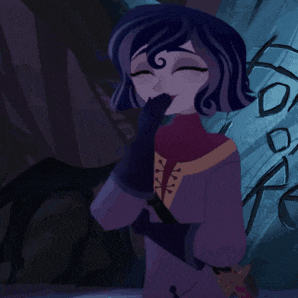 a cartoon character with purple hair and a purple jacket