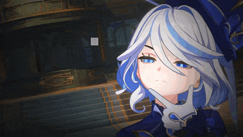 a girl with white hair and blue eyes is wearing a blue hat and white gloves