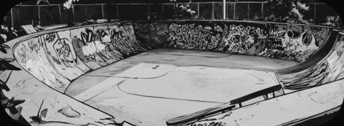 a black and white drawing of a skate park with graffiti on the wall including the letters n12