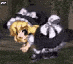 a pixel art of a girl in a maid costume standing on the grass .