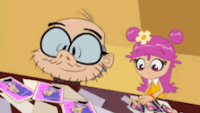 a cartoon character with glasses and pink hair is sitting next to a cartoon character with a flower in her hair .