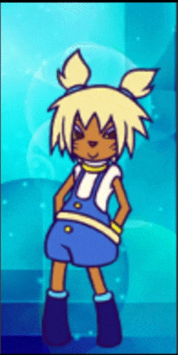 a cartoon girl with blonde hair and blue shorts