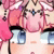 a close up of a girl 's face with blue eyes and pink hair .