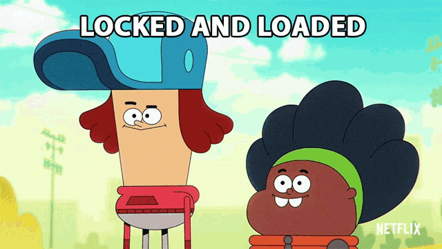 two cartoon characters are standing next to each other with the words " locked and loaded " below them