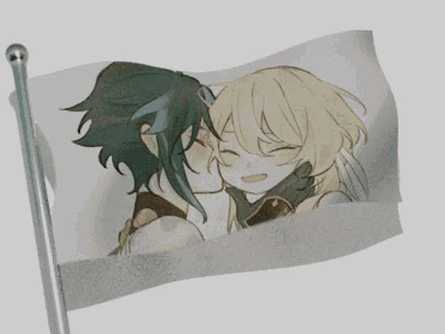 a flag with a picture of a boy and girl kissing on it
