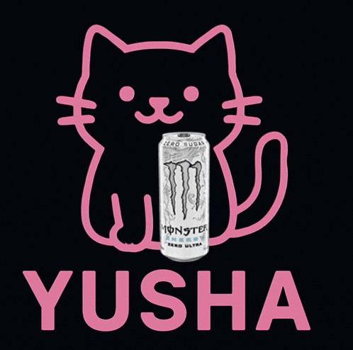 a pink cat holding a can of monster energy drink with the name yusha below it