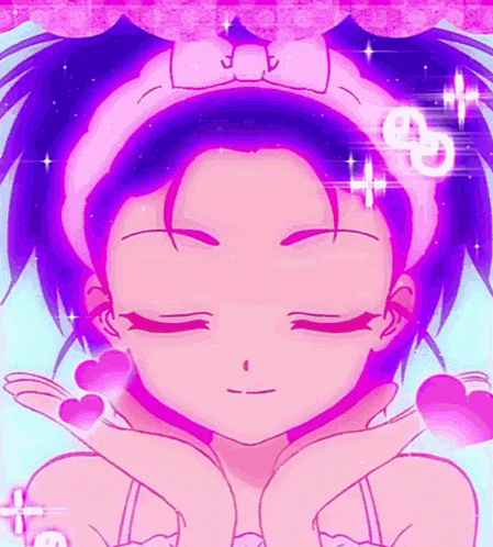 a girl with purple hair is wearing a headband with a bow on it