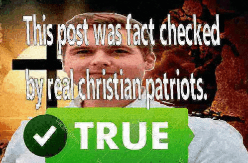 a picture of a man holding a sign that says " this post was fact checked by real christian patriots "