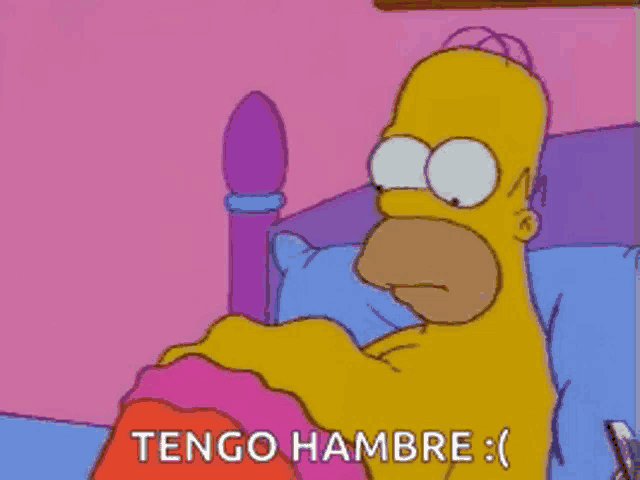 a cartoon of homer simpson laying in bed with the words tengo hambre written on the bottom