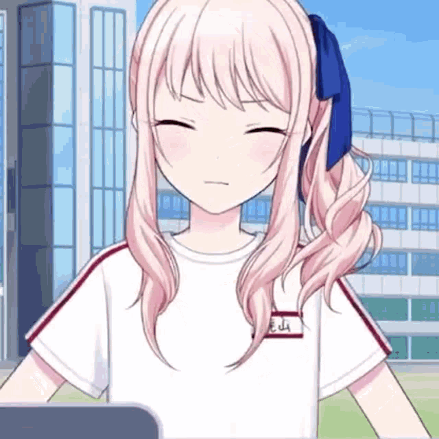 a girl with pink hair is wearing a white shirt with red stripes and a name tag .