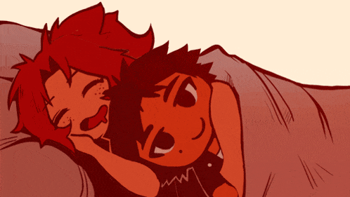 a cartoon drawing of a boy and a girl sleeping together