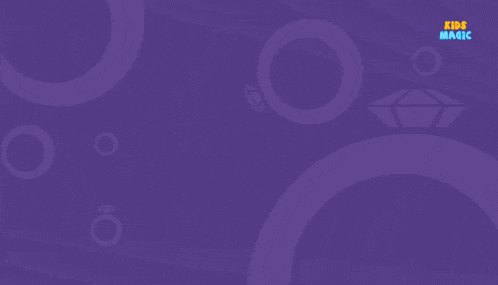 a purple background with yellow rings and the words kids magic on the bottom