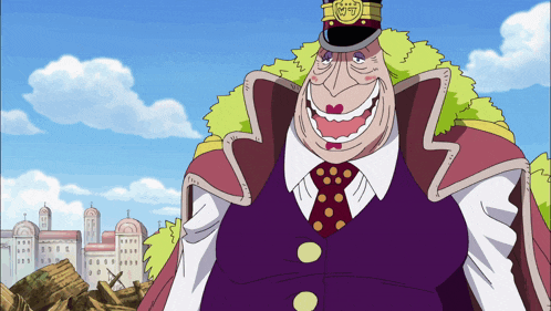 a cartoon character wearing a purple suit and tie with a hat that says ' captain ' on it