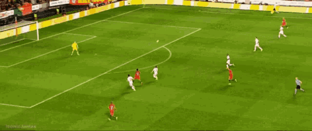a soccer game is being played on a field with a hertz banner on the sidelines