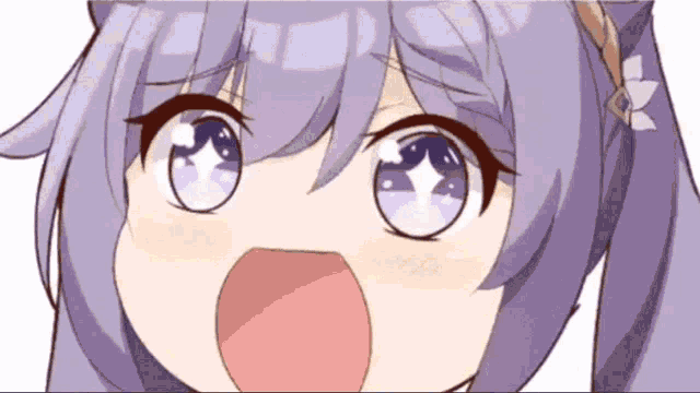 a close up of a cartoon girl with purple hair and pink eyes